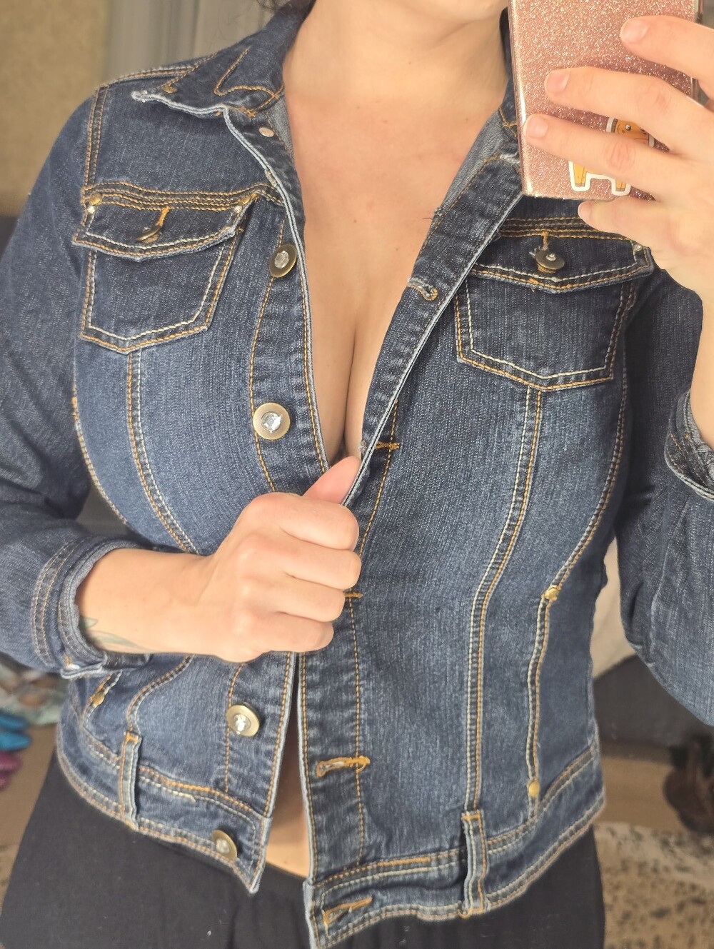 dressbarn Dark Blue Denim Jacket with Gold Stitching - Picture 5 of 9